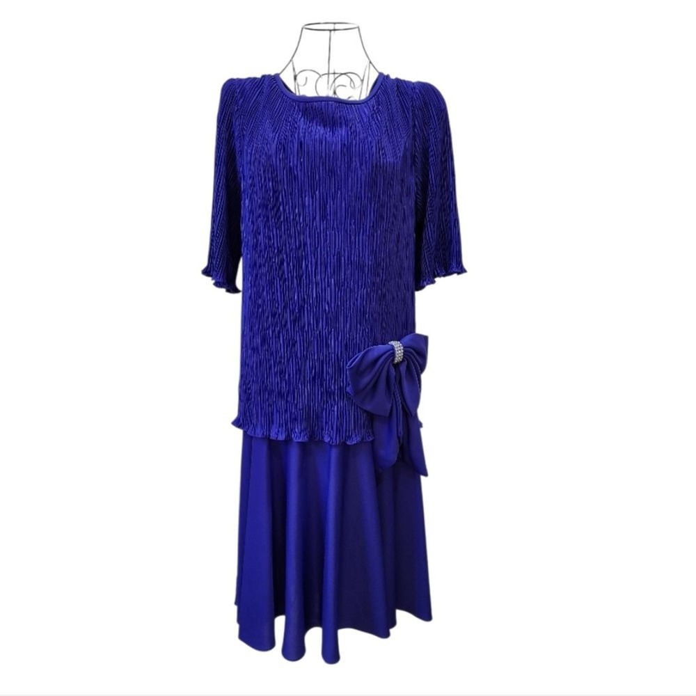 Vintage After Dark Pleated Dress Womens 11 Royal Blue 80s Formal Rhinestone Bow